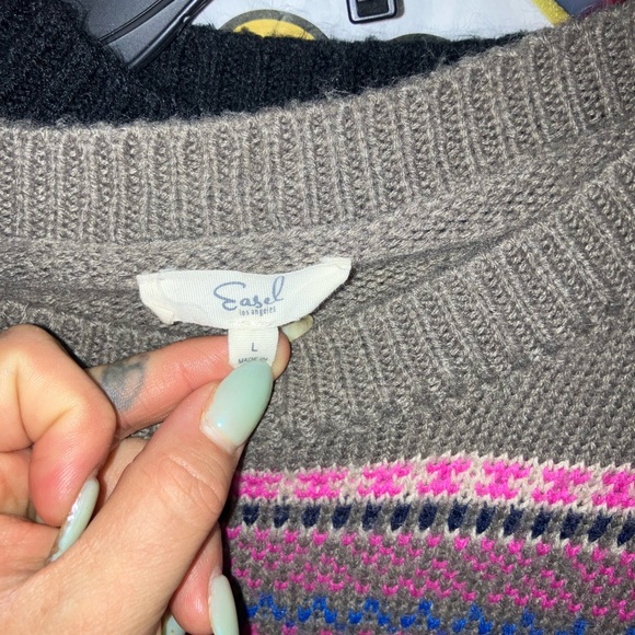 Easel Women's Taupe Sweater with Pink and Purple Stripes - Picture 3 of 7